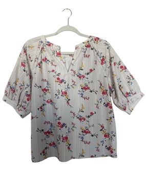 LOFT White Blouse - White & Floral Short Puff Sleeve Summer Peasant Shirt - WS